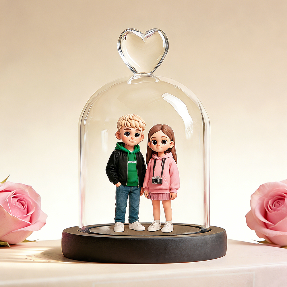 Custom 3D Figurine Couple From Your Photo with Heart Glass Dome Personalized Romantic Keepsake Gift for Anniversary Wedding Valentine