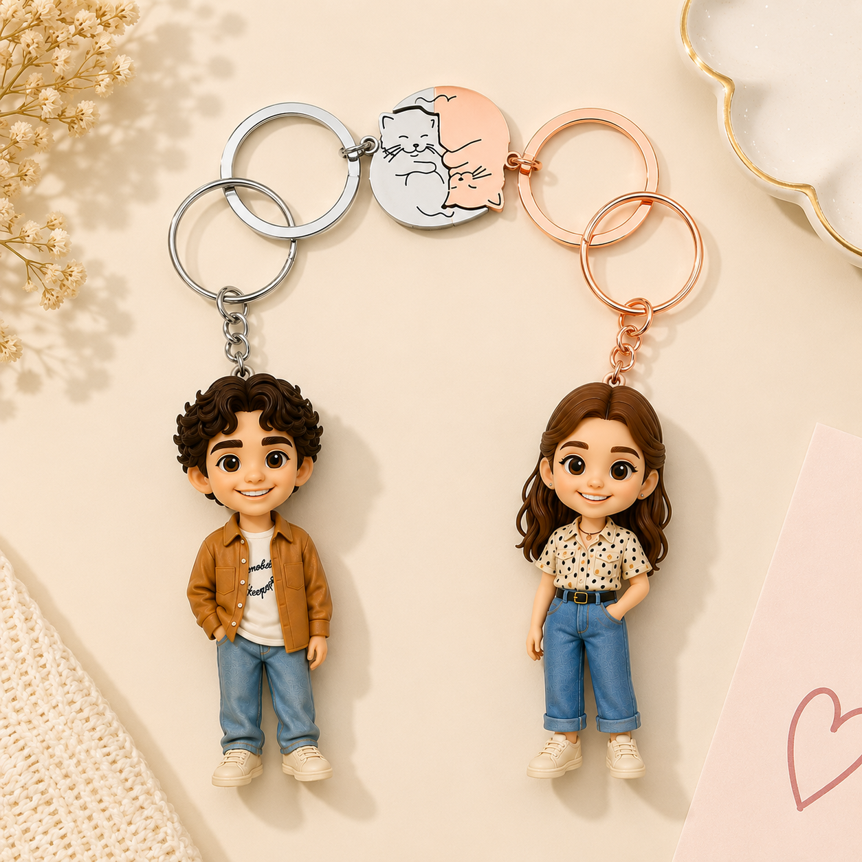 Custom 3D Couple Figure Keychain from Photo with Cat Puzzle Personalized Figurine Cartoon Gift for Couples Anniversary Birthday