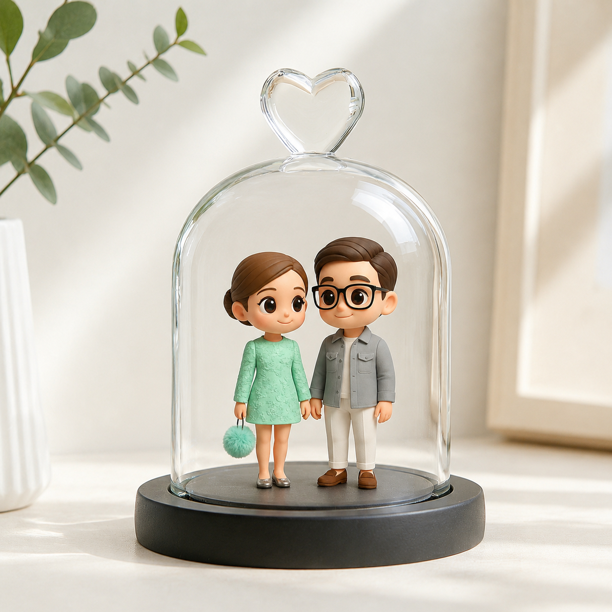 Custom 3D Figure From Your Photo with Heart Glass Dome Personalized Romantic Keepsake Gift for Anniversary Wedding