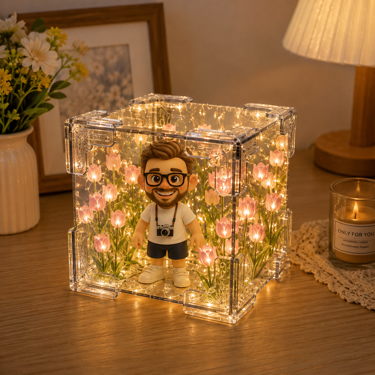 Custom 3D Figure Night Light From Photo with Tulip Flower Mirror Box Unique Handcraft Creative Gift for Couple, Friend & Lover