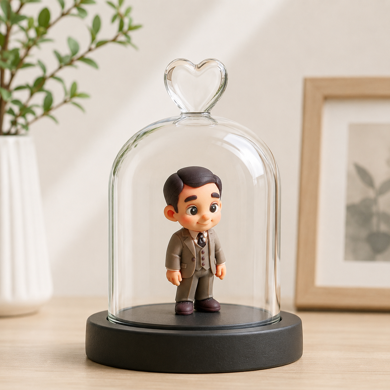 Custom 3D Figure From Your Photo with Heart Glass Dome Personalized Romantic Keepsake Gift for Anniversary Wedding