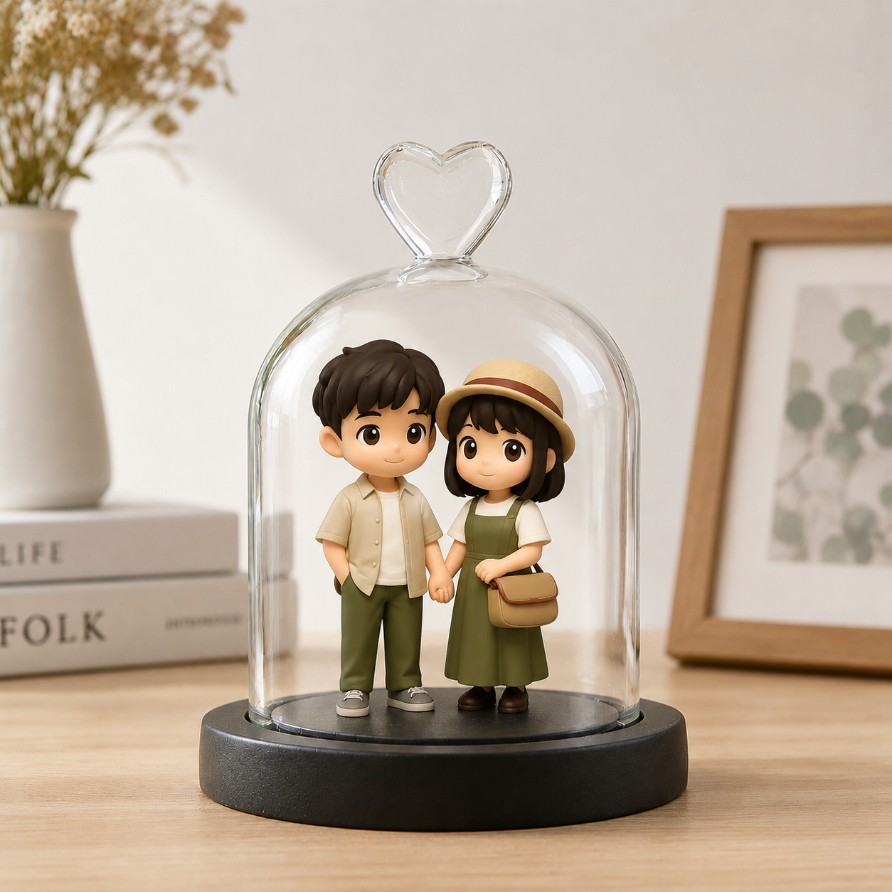 Custom 3D Figure From Your Photo with Heart Glass Dome Personalized Romantic Keepsake Gift for Anniversary Wedding