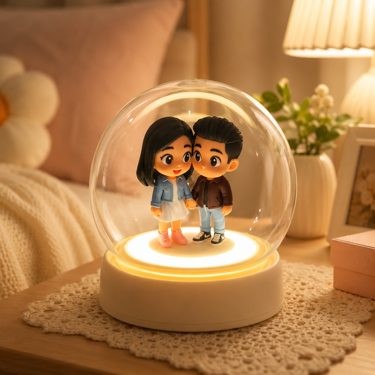 Custom 3D Figure Night Light from Photo with Glass Dome & Auto Sensor Personalized Unique Gift for Couples Family