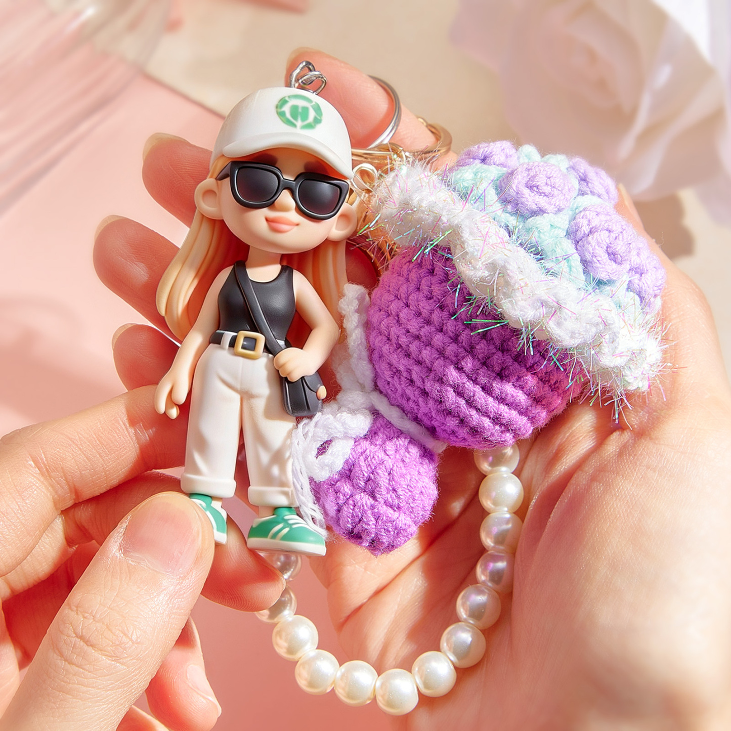 Custom 3D Figurine Photo Knitted Bouquet Keychain Personalized Romantic Gift for Couples Valentines Day Anniversary