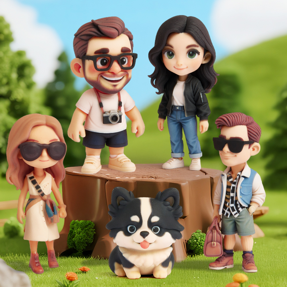 Custom 3D Figurines Personalized Family Dolls with Dog Cartoon Style Gift for Home Decor or Special Occasions