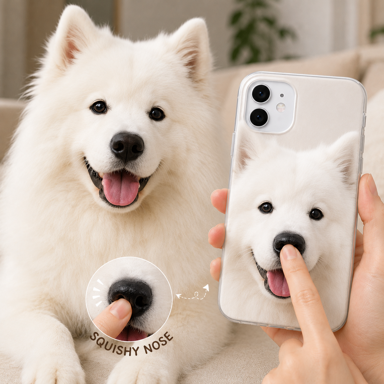 Custom Pet Dog Photo Phone Case with 3D Squishy Nose, Personalized Squeeze Nose With Name iPhone Case