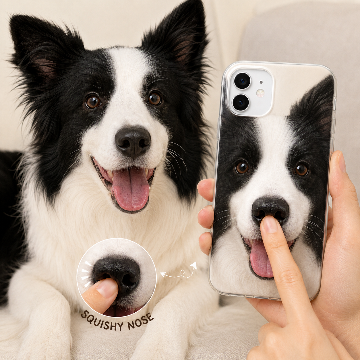 Custom Pet Dog Photo Phone Case with 3D Squishy Nose, Personalized Squeeze Nose With Name iPhone Case