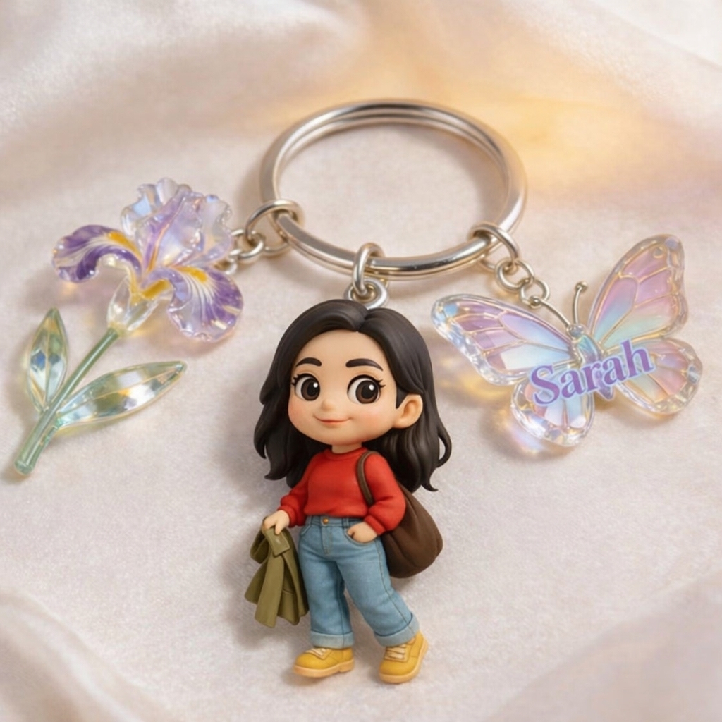 Custom 3D Figurine Photo Keychain With Birth Month Flower Personalized Gift