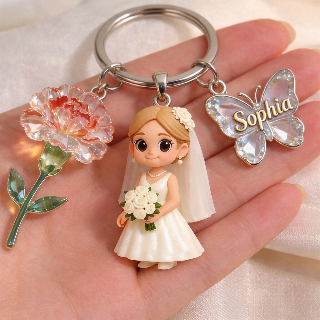 Custom 3D Figurine Photo Keychain With Birth Month Flower Personalized Gift