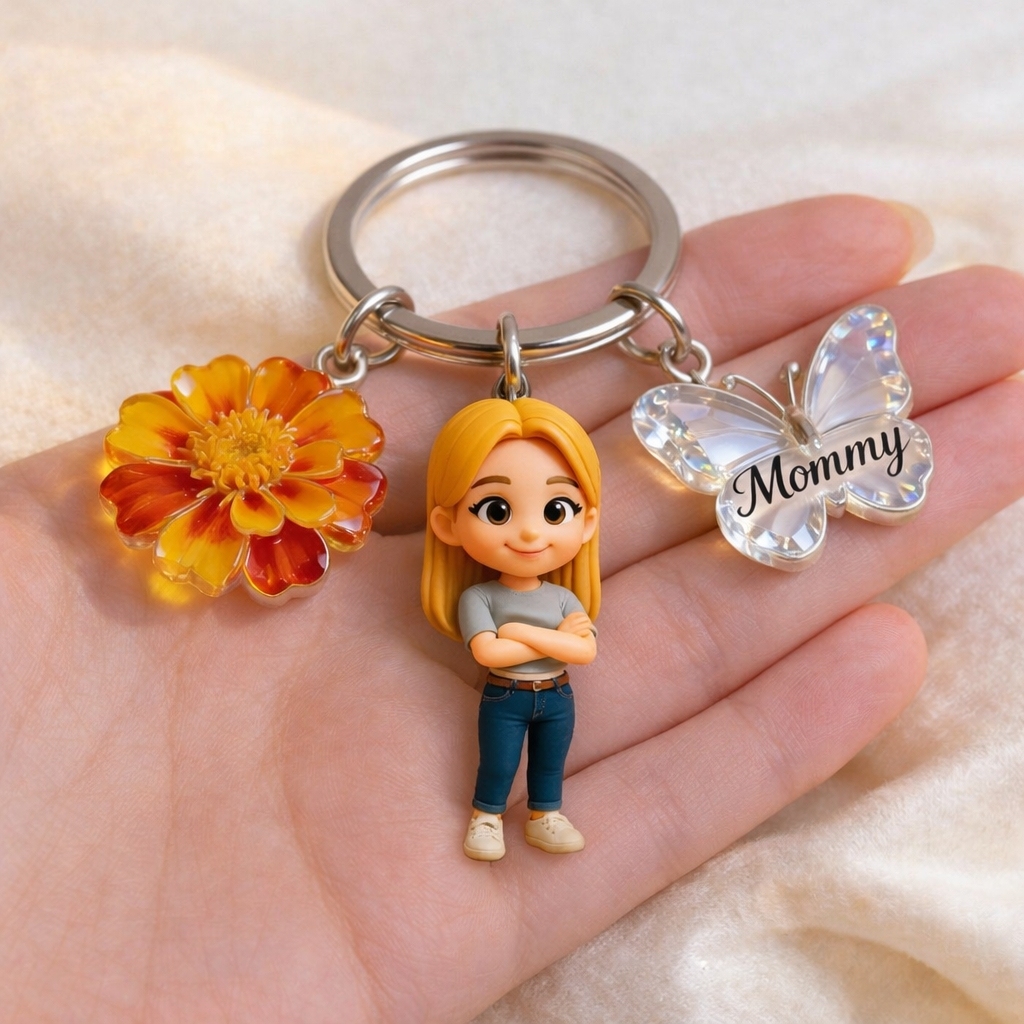 Custom 3D Figurine Photo Keychain With Birth Month Flower Personalized Gift