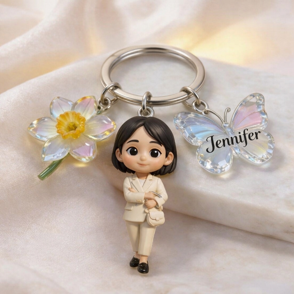 Custom 3D Figurine Photo Keychain With Birth Month Flower Personalized Gift