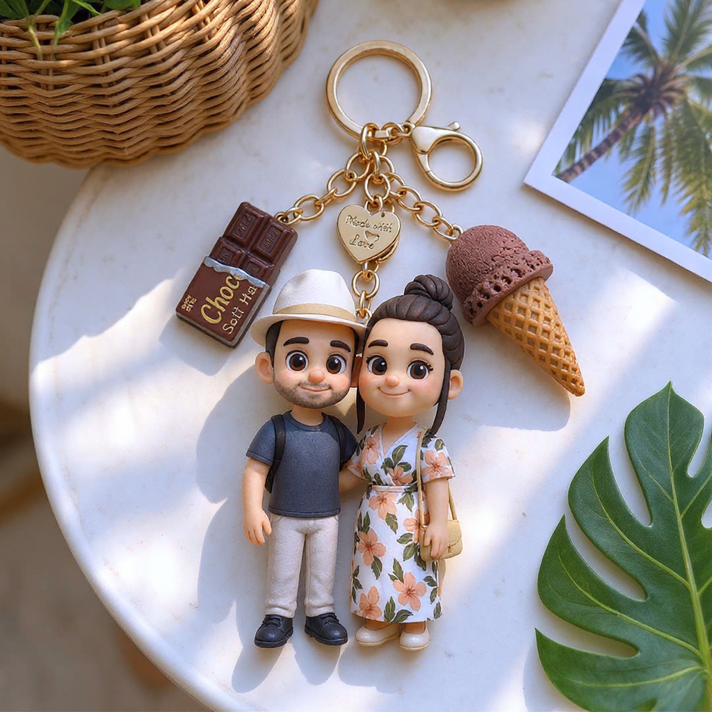 Custom 3D Keychain Figure from Photo with Cute Chocolate Ice Cream Accessory Personalized Unique Gift for Couples Birthday Anniversary