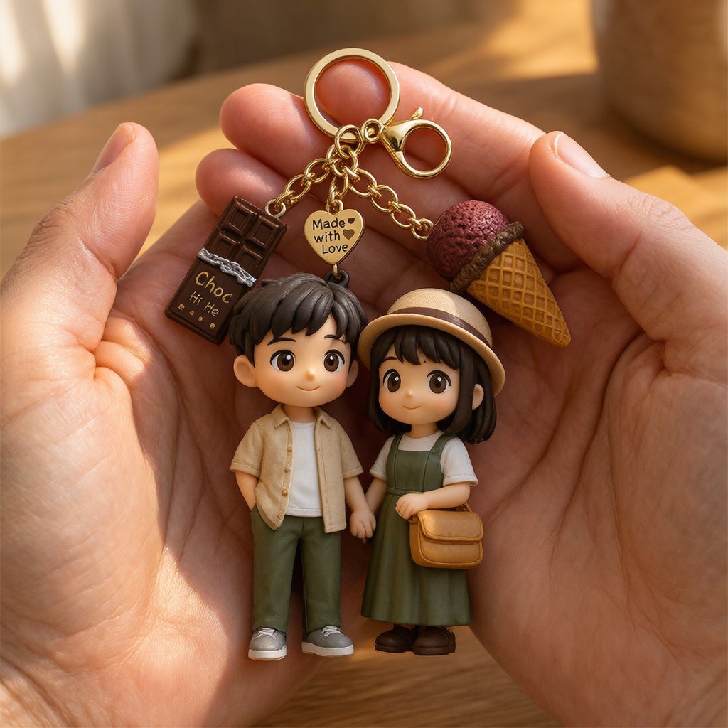 Custom 3D Keychain Figure from Photo with Cute Chocolate Ice Cream Accessory Personalized Unique Gift for Couples Birthday Anniversary