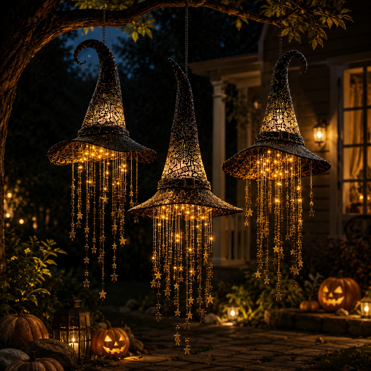 LED Light-Up Witch Hat Hanging Ornament - Glowing Halloween Party Decor