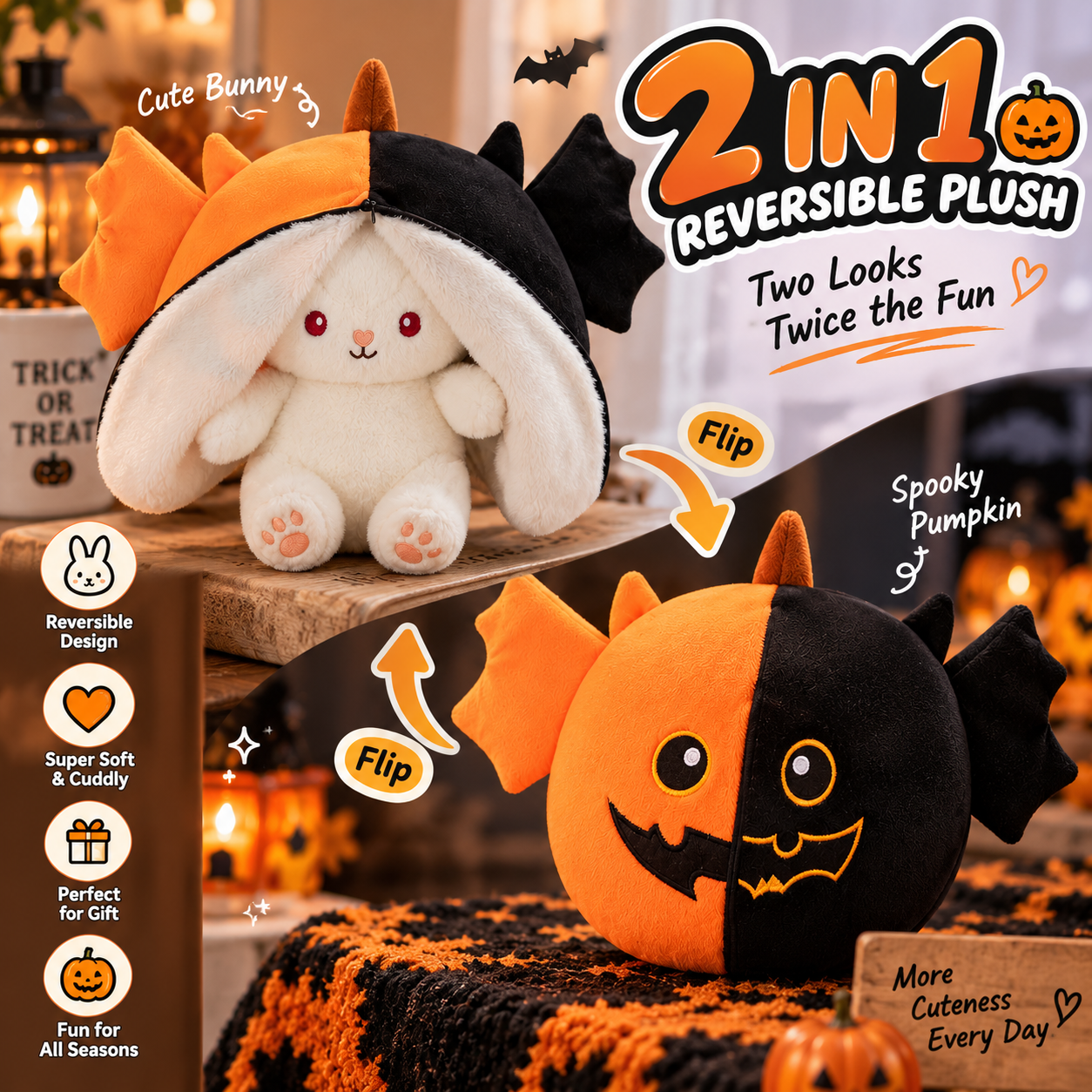 Reversible Plush Toy Witch Ghost Pumpkin Bunny Double-Sided Flip Stuffed Doll Cute Halloween Pillow Gift