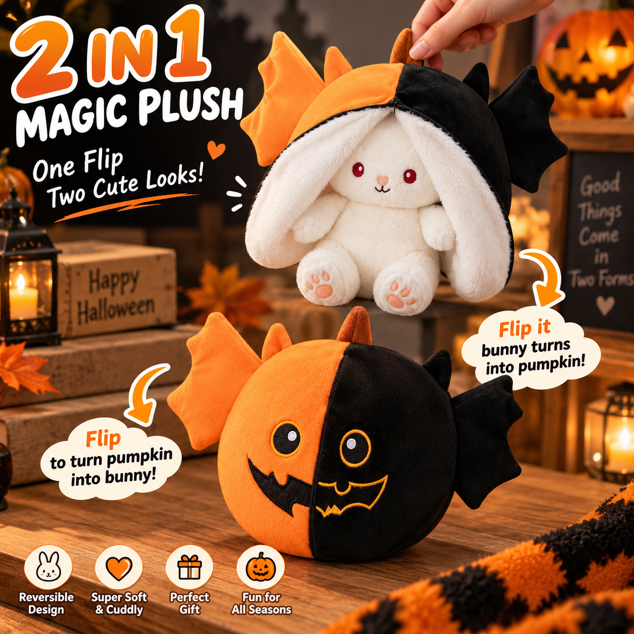 Reversible Plush Toy Witch Ghost Pumpkin Bunny Double-Sided Flip Stuffed Doll Cute Halloween Pillow Gift