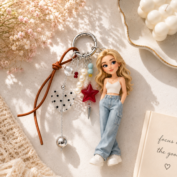 Custom 3D Keychain Figure from Photo with Beaded Vintage Star Pendant Personalized Mini Figurine Keychain Unique Keepsake Gift