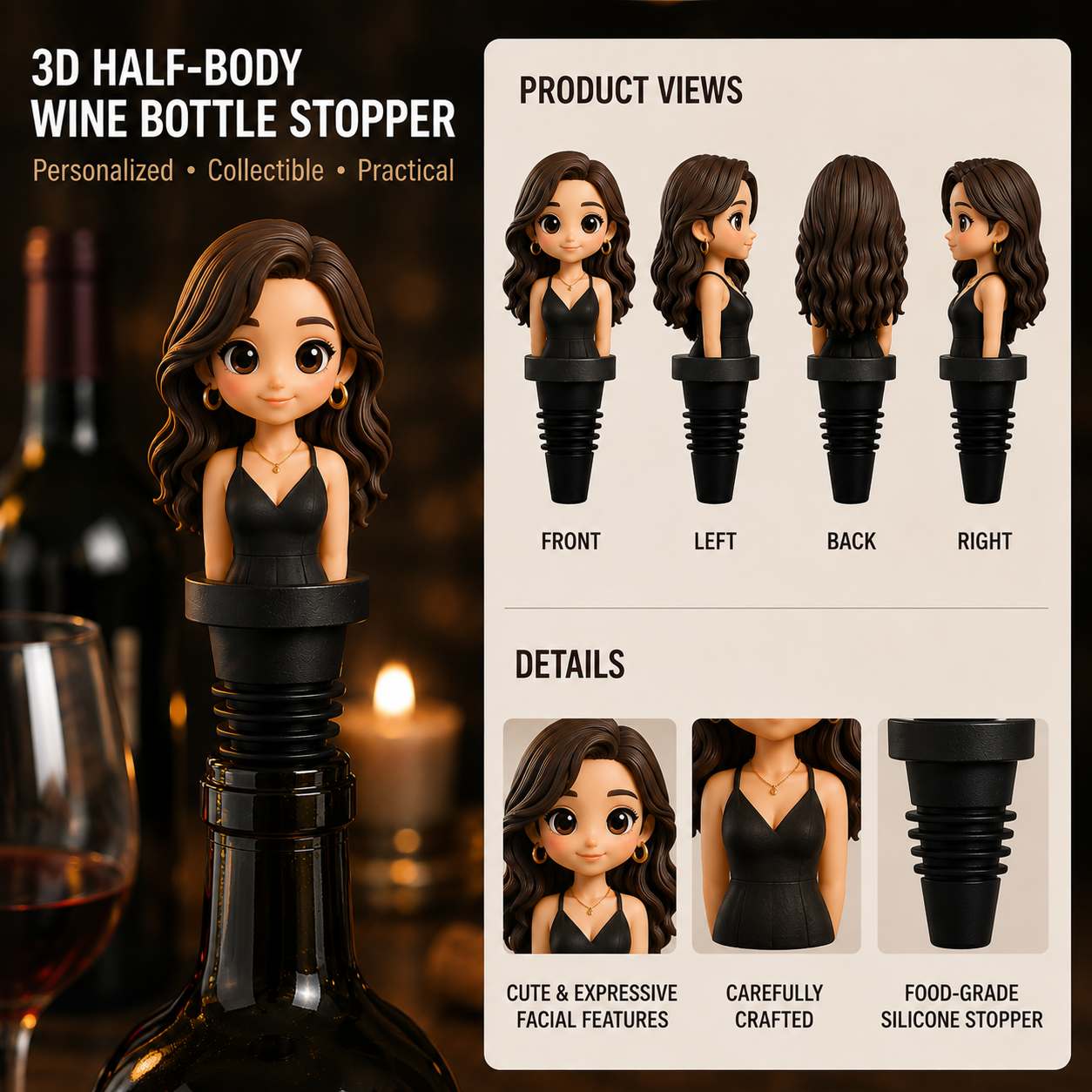 Custom 3D Bust Figure Wine Bottle Stopper Personalized Gift from Your Photo Unique Gift for Wine Lovers