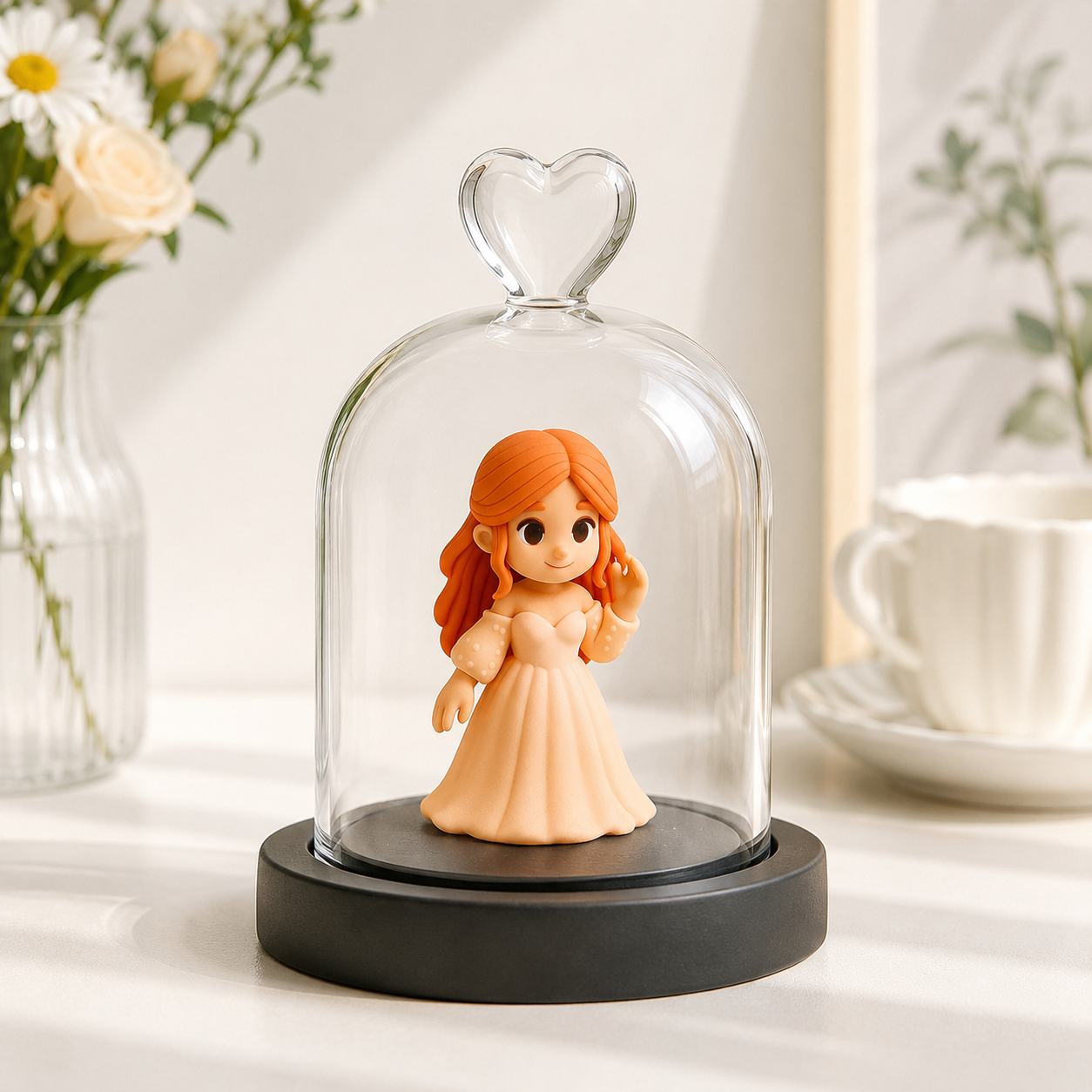Custom 3D Figure From Your Photo with Heart Glass Dome Personalized Romantic Keepsake Gift for Anniversary Wedding