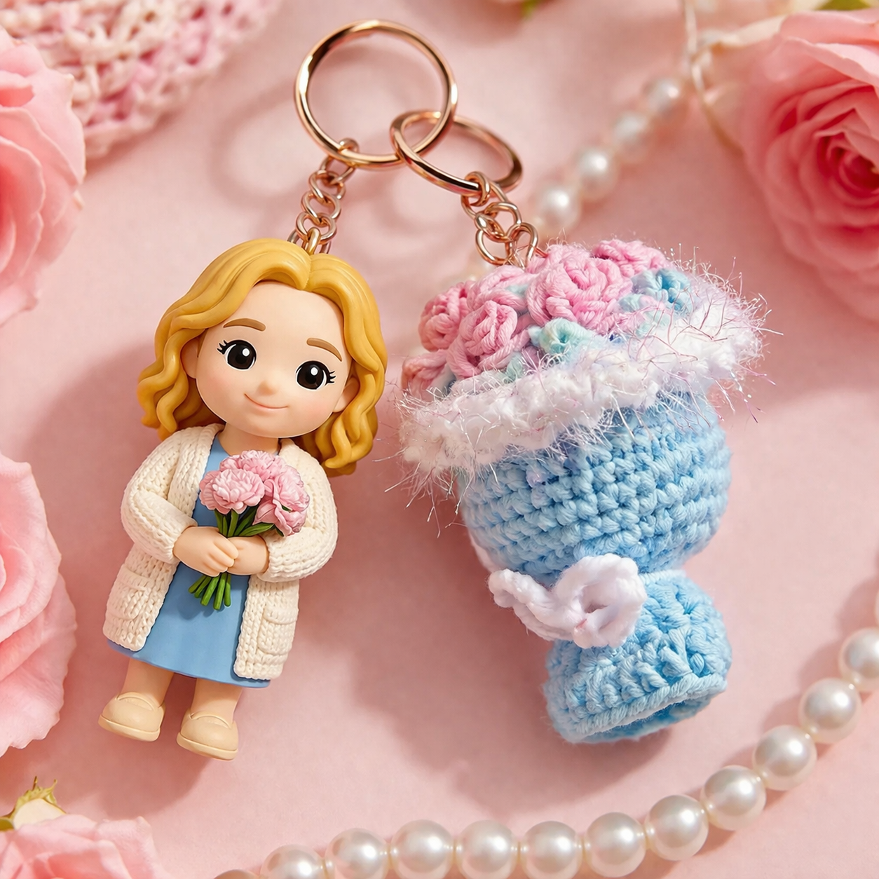 Custom 3D Figurine Keychain from Photo with Crochet Flower Mother’s Day Gift
