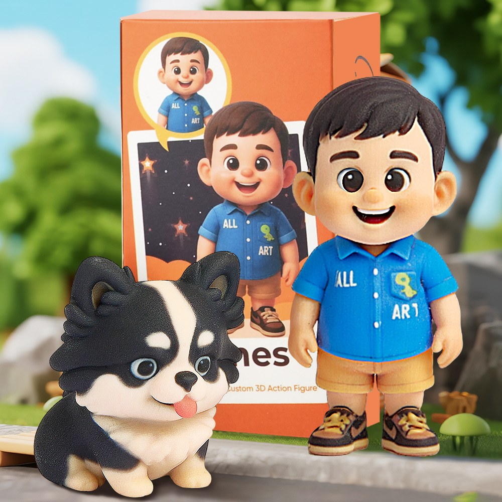 Personalized Cute Cartoon 3D Character Figure Custom Boy and Pet Mini Collectible Doll Based on Real Photo with Gift Box
