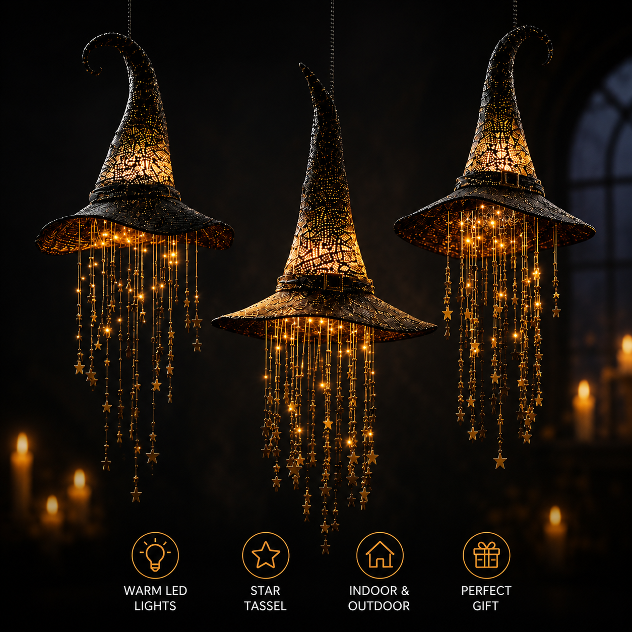 LED Light-Up Witch Hat Hanging Ornament - Glowing Halloween Party Decor