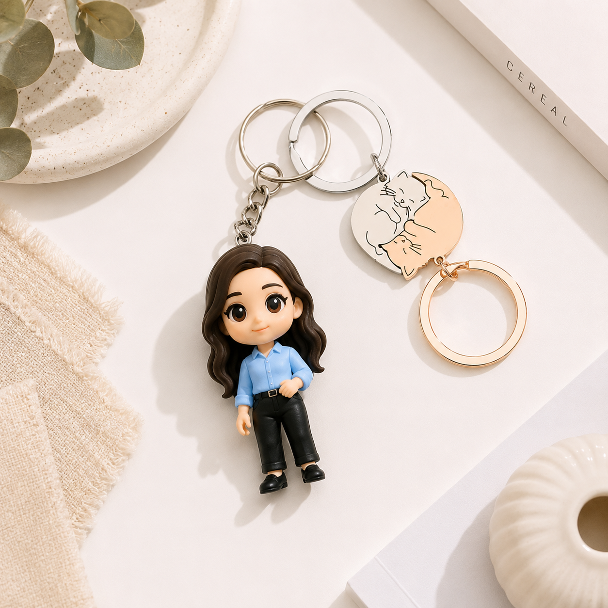 Custom 3D Couple Figure Keychain from Photo with Cat Puzzle Personalized Figurine Cartoon Gift for Couples Anniversary Birthday