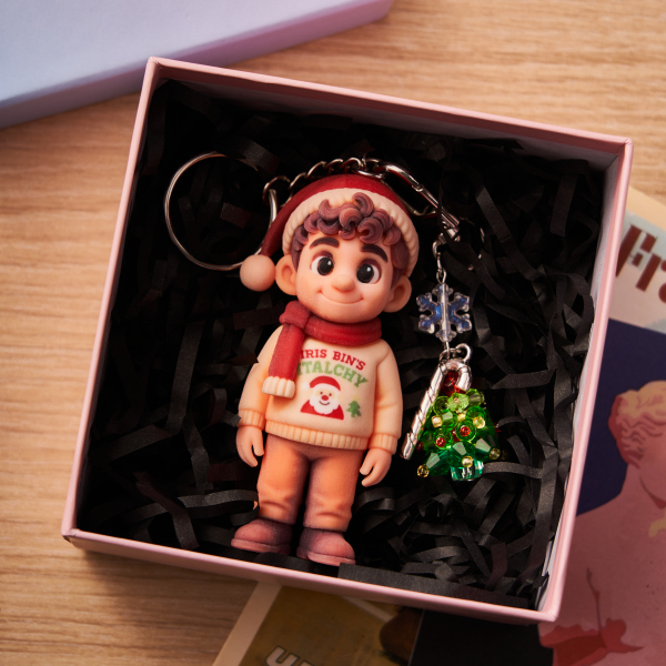 Personalized 3D Keychain from Photo with Crystal Christmas Tree Pendant Custom Cartoon Mini Figure Doll Unique Keyring & Creative Gift with Pearl Style ​​Accessory