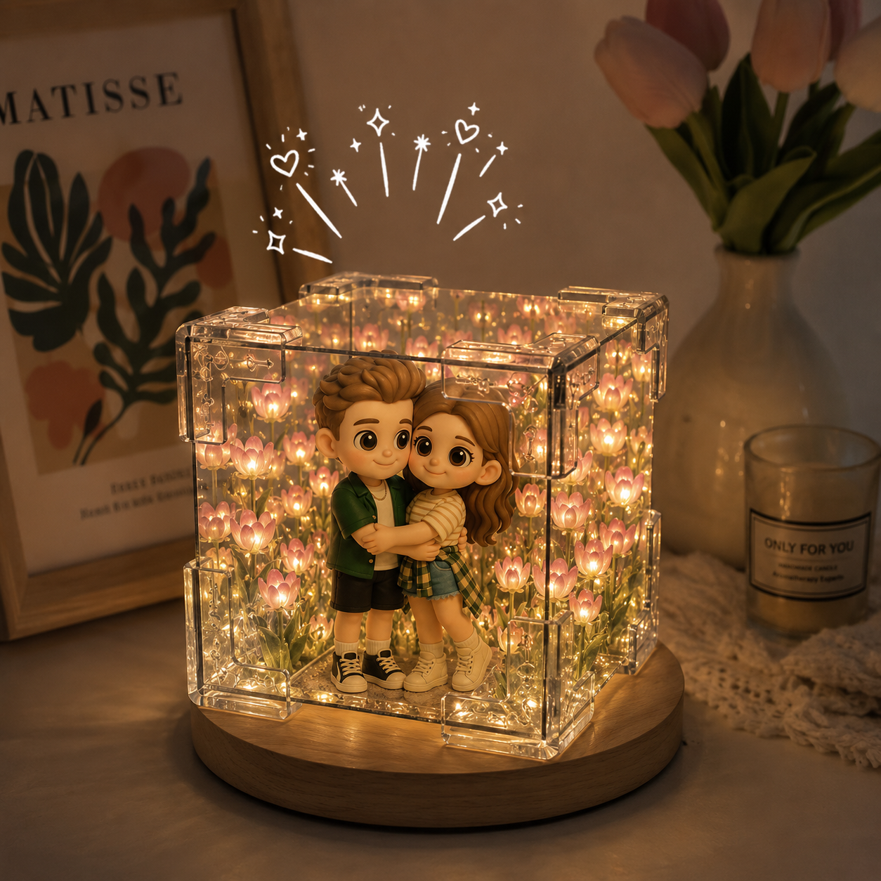 Custom 3D Figure Night Light From Photo with Tulip Flower Mirror Box Unique Handcraft Creative Gift for Couple, Friend & Lover