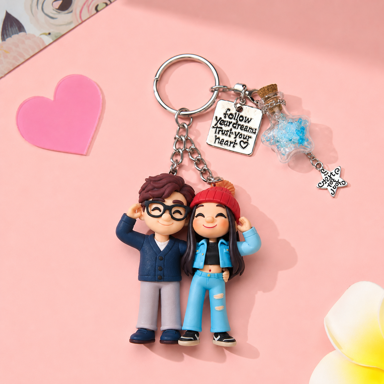 Custom 3D Figure Keychain from Photo Cartoon Style with Message Bottle Unique Gift Idea Personalized 3D Keychain for Her/Him