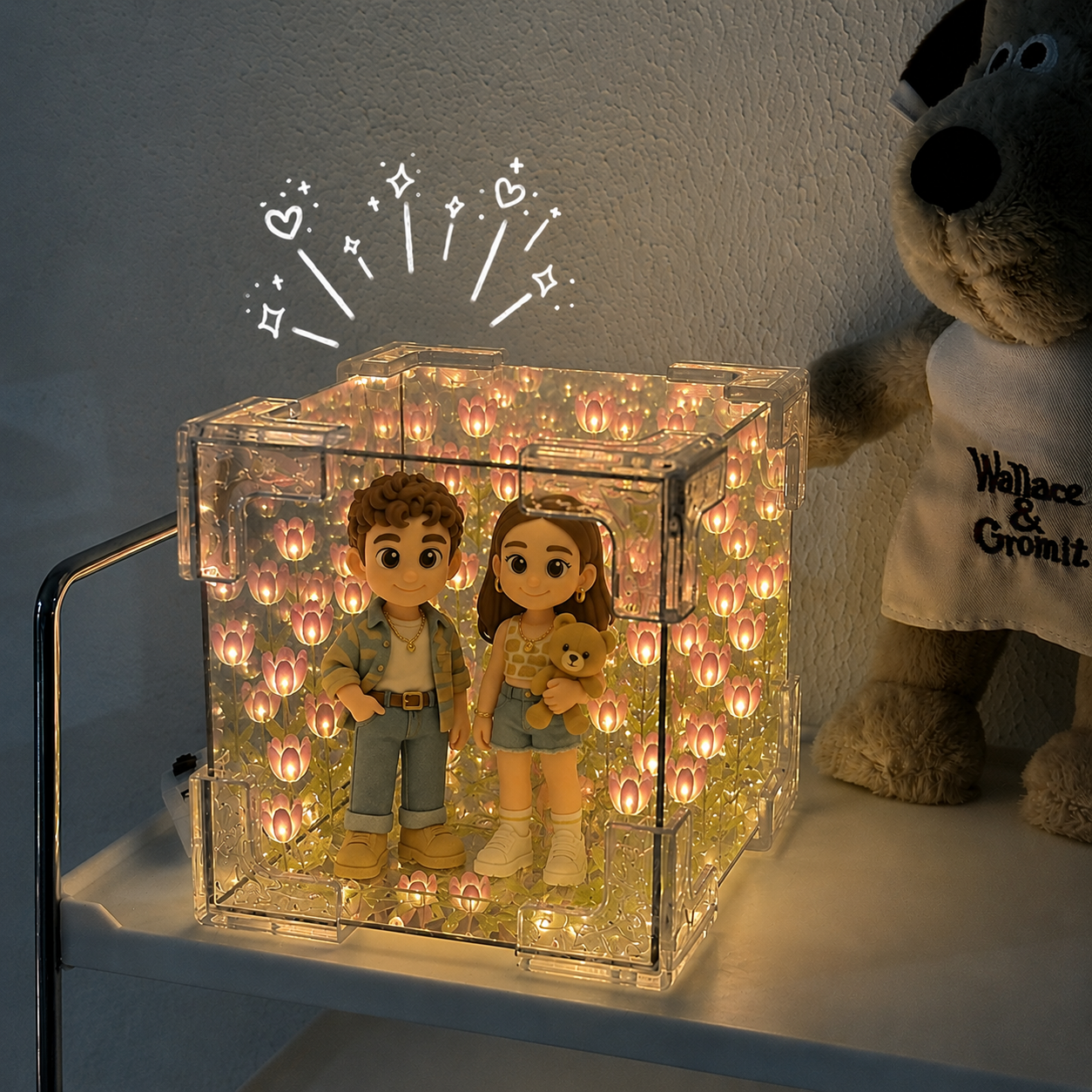 Custom 3D Figure Night Light From Photo with Tulip Flower Mirror Box Unique Handcraft Creative Gift for Couple, Friend & Lover