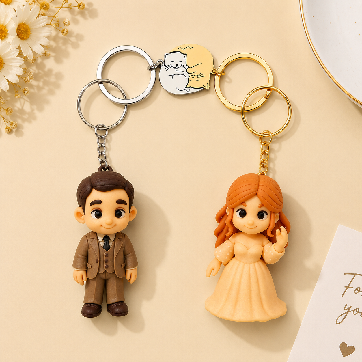 Custom 3D Couple Figure Keychain from Photo with Cat Puzzle Personalized Figurine Cartoon Gift for Couples Anniversary Birthday
