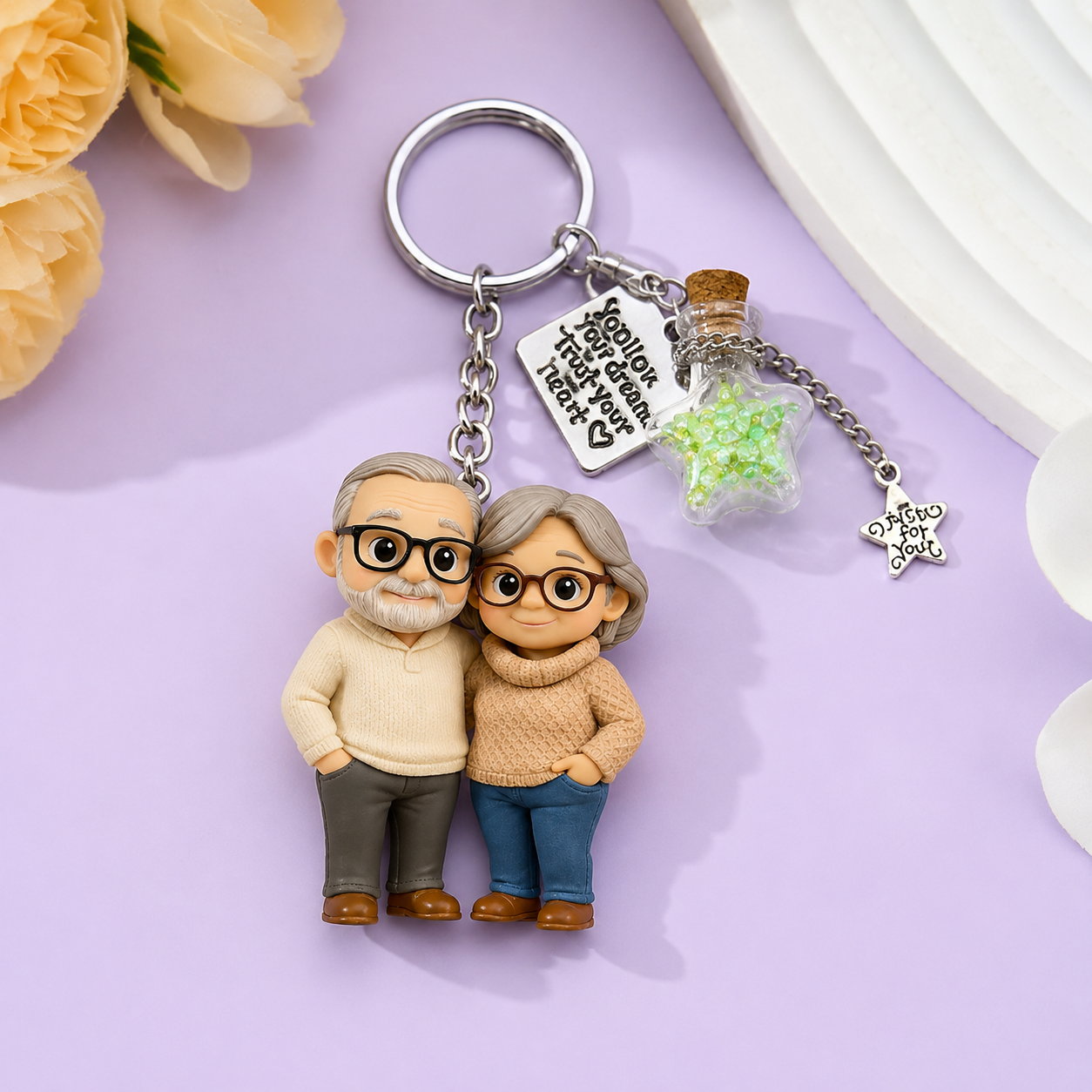 Custom 3D Figure Keychain from Photo Cartoon Style with Message Bottle Unique Gift Idea Personalized 3D Keychain for Her/Him