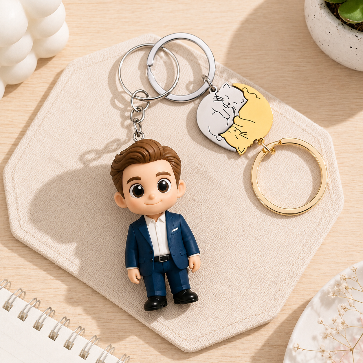 Custom 3D Couple Figure Keychain from Photo with Cat Puzzle Personalized Figurine Cartoon Gift for Couples Anniversary Birthday
