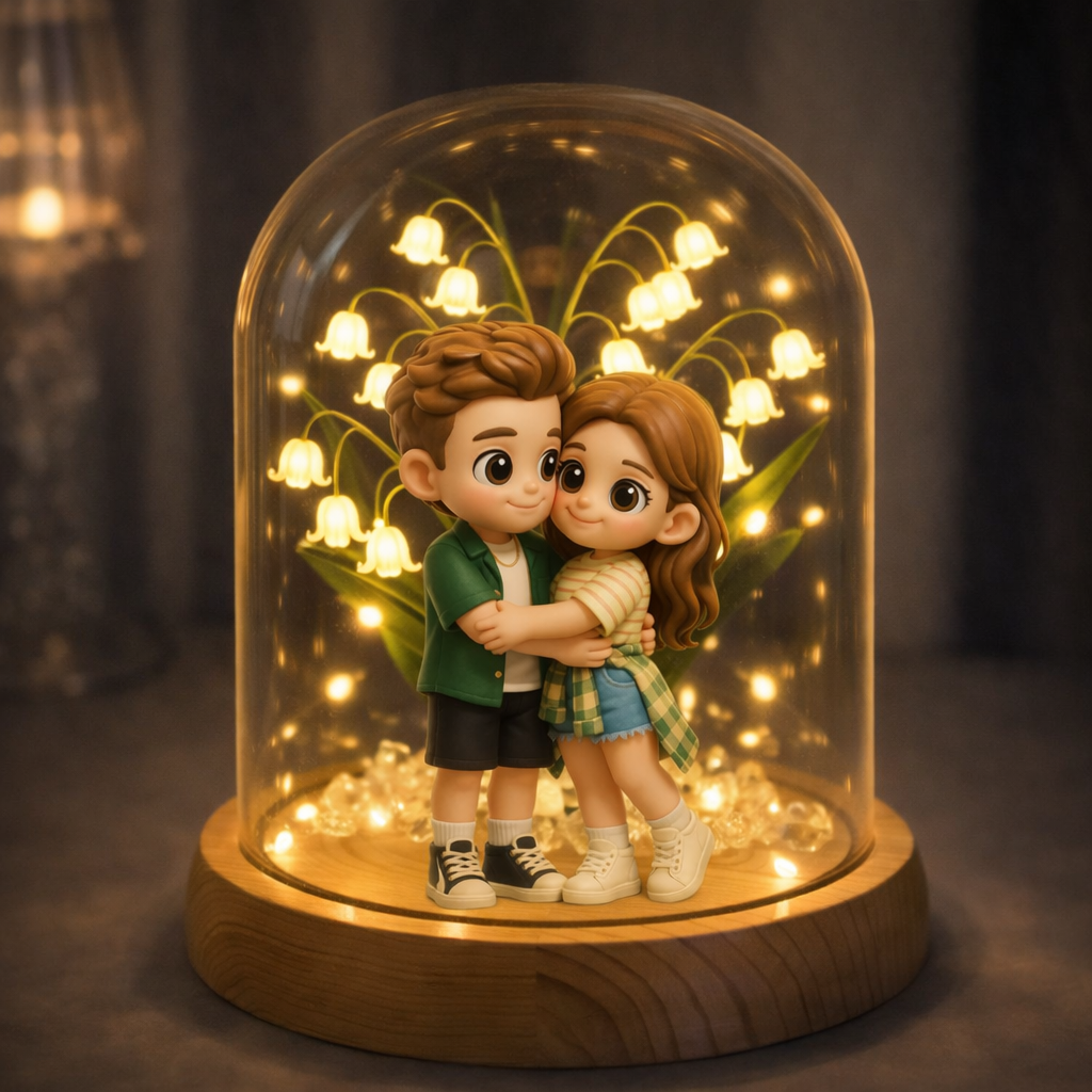 Custom 3D Figure Night Light with Lily of the Valley Glass Dome Personalized Photo Gift for Mom Wife Anniversary Bedroom Lamp