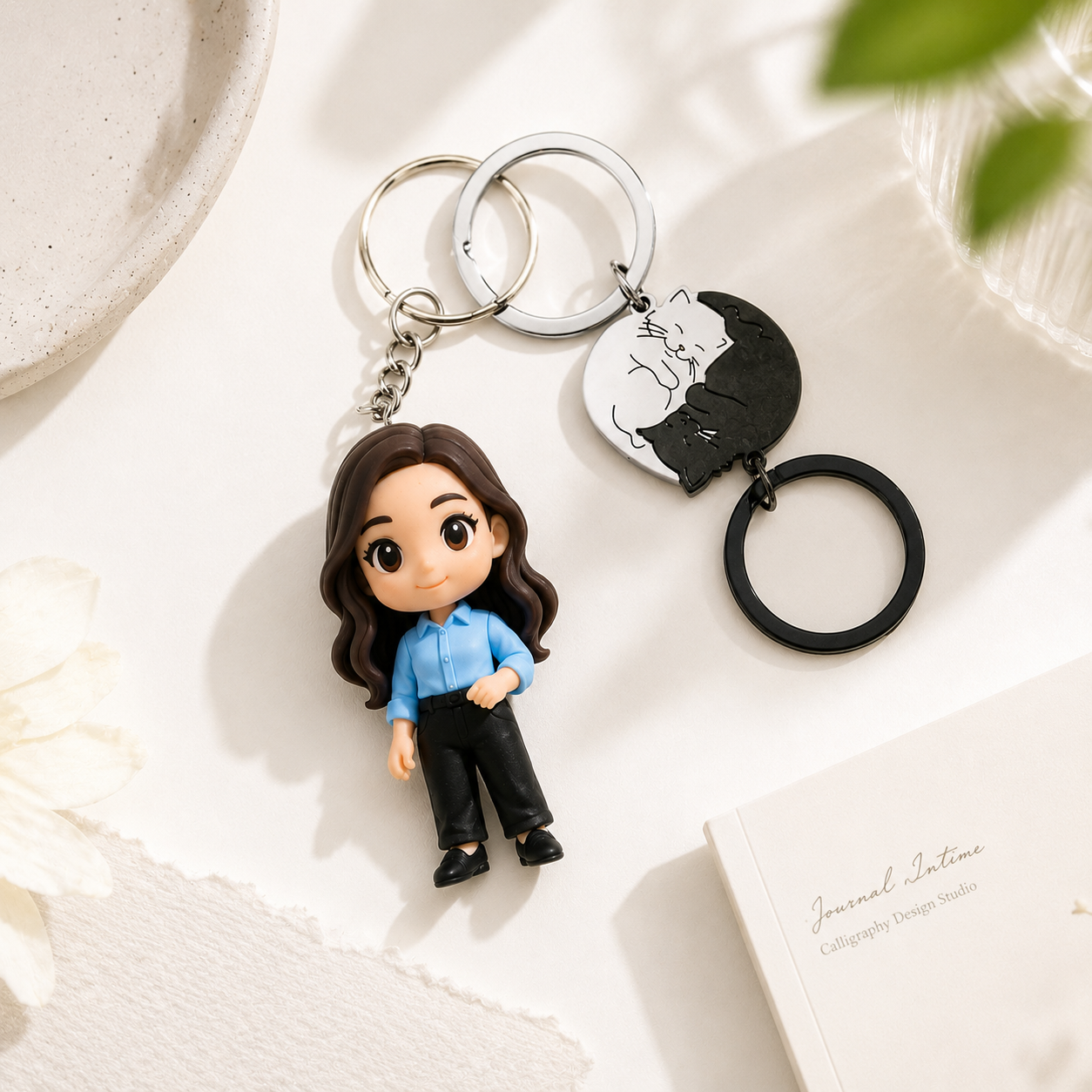 Custom 3D Couple Figure Keychain from Photo with Cat Puzzle Personalized Figurine Cartoon Gift for Couples Anniversary Birthday