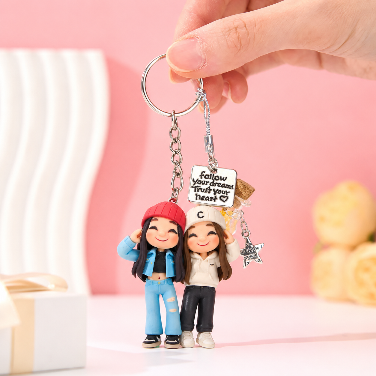 Custom 3D Figure Keychain from Photo Cartoon Style with Message Bottle Unique Gift Idea Personalized 3D Keychain for Her/Him