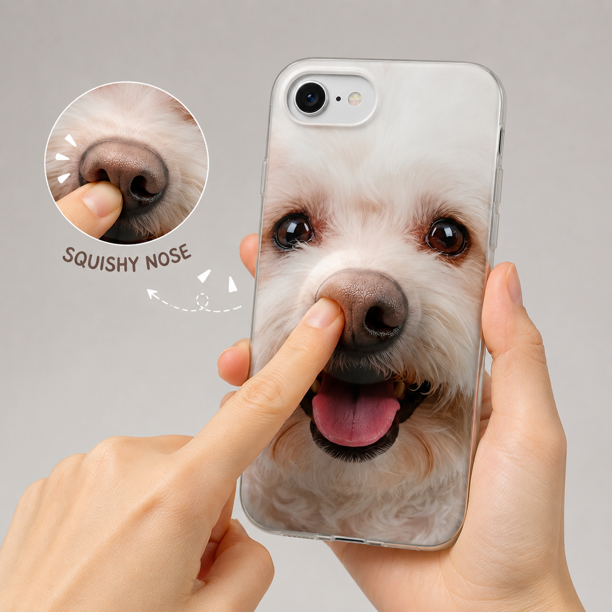Custom Pet Dog Photo Phone Case with 3D Squishy Nose, Personalized Squeeze Nose With Name iPhone Case