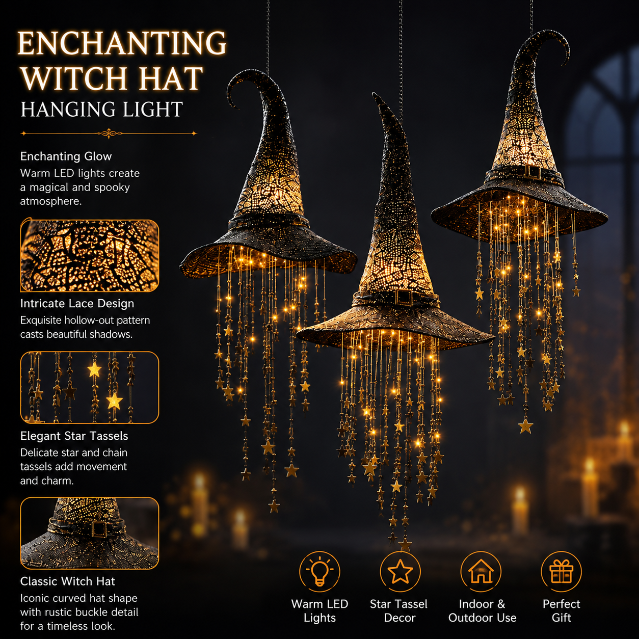 LED Light-Up Witch Hat Hanging Ornament - Glowing Halloween Party Decor