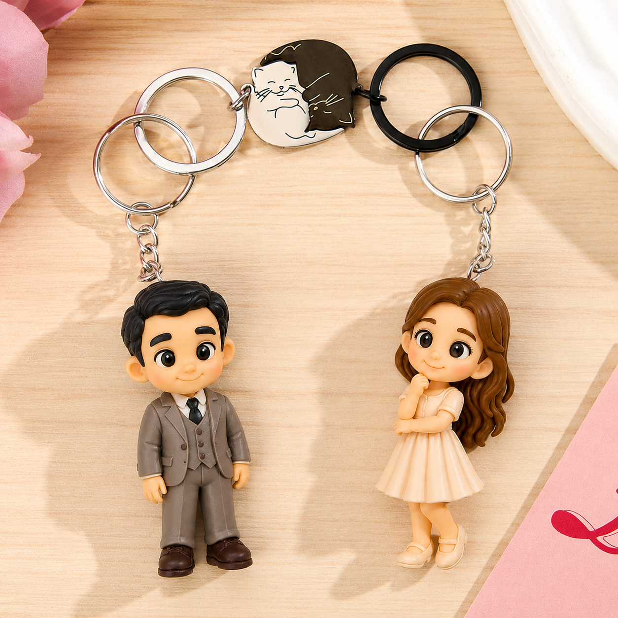 Custom 3D Couple Figure Keychain from Photo with Cat Puzzle Personalized Figurine Cartoon Gift for Couples Anniversary Birthday