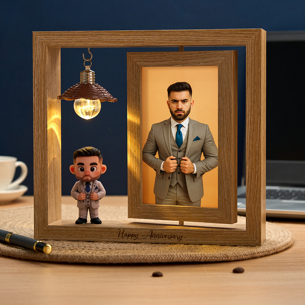 Custom 3D Figure from Your Photo Rotating Wooden Picture Frame Lighted Display Romantic Anniversary Gift for Couples Valentine Gift