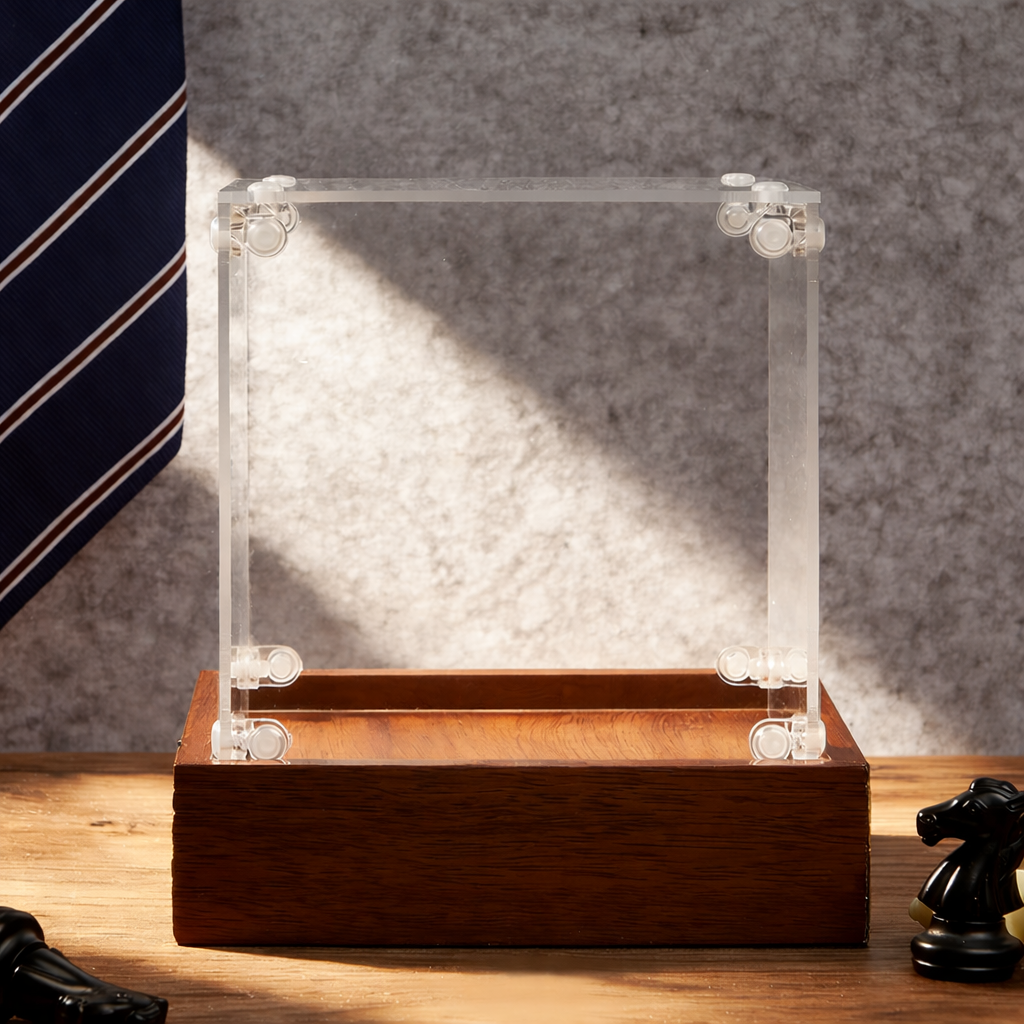 Acrylic Display Case with Wooden Base 10cm Clear Dustproof Showcase Box for Mini Figures Collectibles Desk Decor