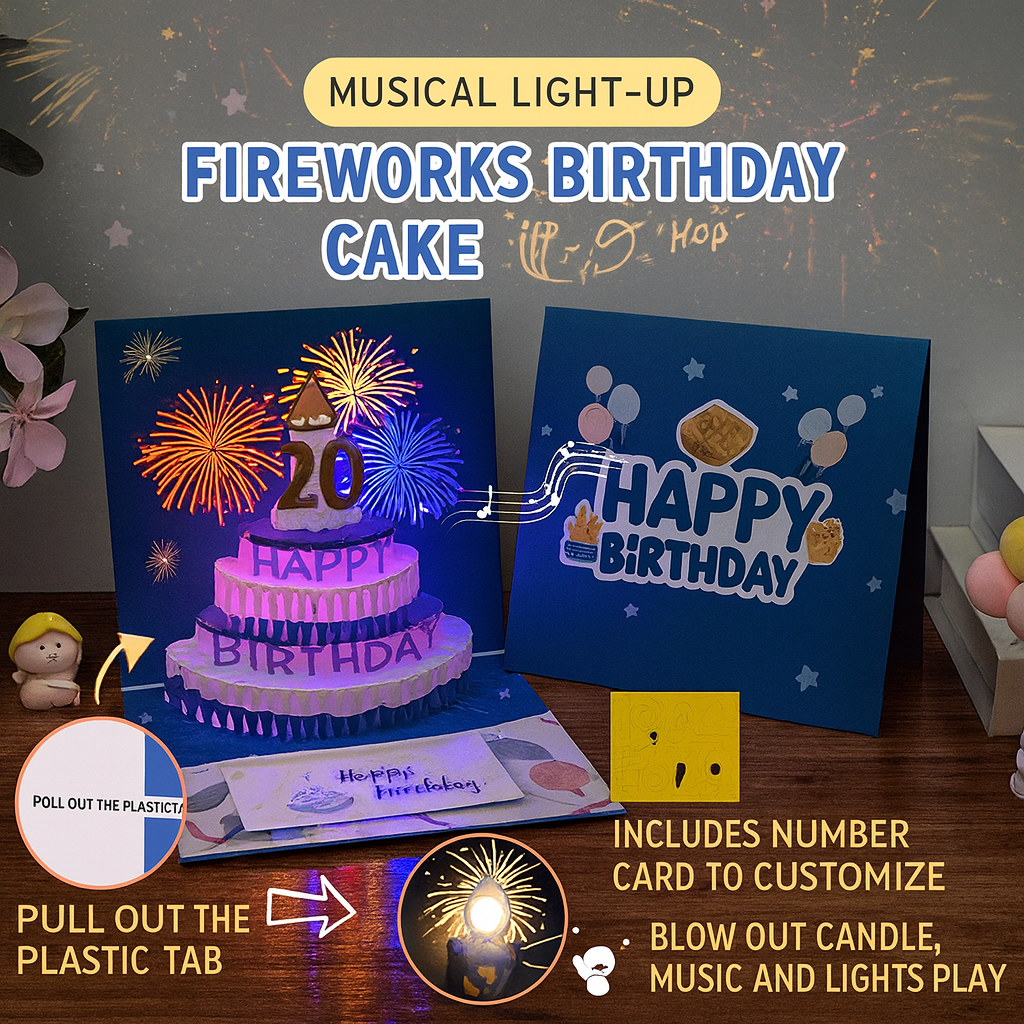 Musical 3D Pop-Up Birthday Cake Card with Firework Light Effects Blow-to-Light Candle Interactive Foldable Greeting Card
