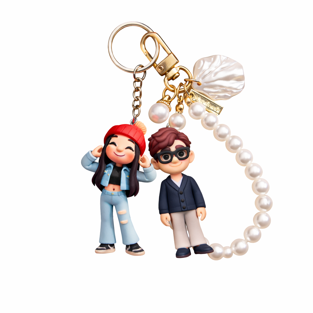 Personalized 3D Keychain from Photo Custom Cartoon Mini Figure Doll Unique Keyring & Creative Gift with Pearl Style ​​Accessory