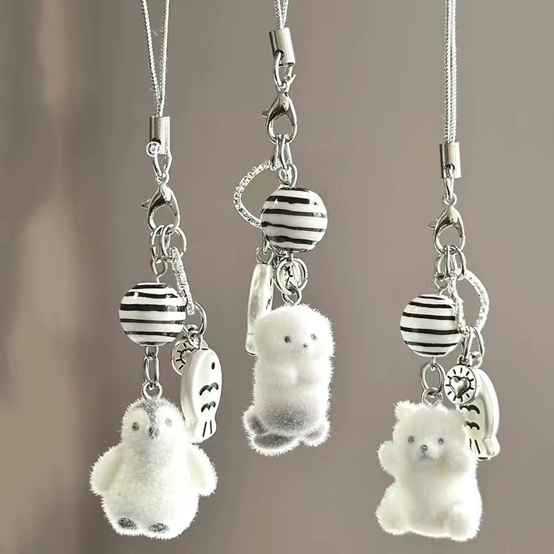 Cute Flocked White Arctic Animal Keychain Soft Plush-Feel Trendy Bag Charm & Hanging Accessory