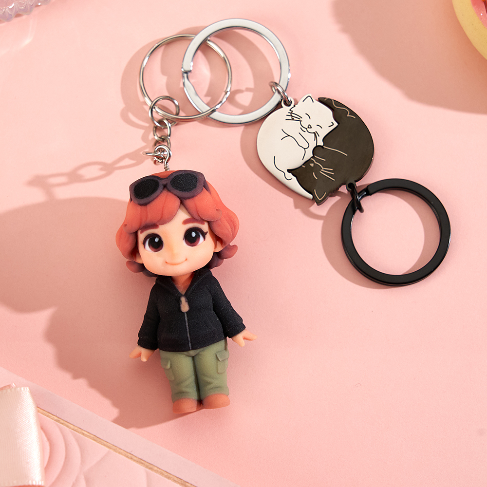 Custom 3D Figurine Keychain From Photo Cat Couple Matching Key Rings Keyring Personalized Romantic Gift for Couples Valentines Day Anniversary