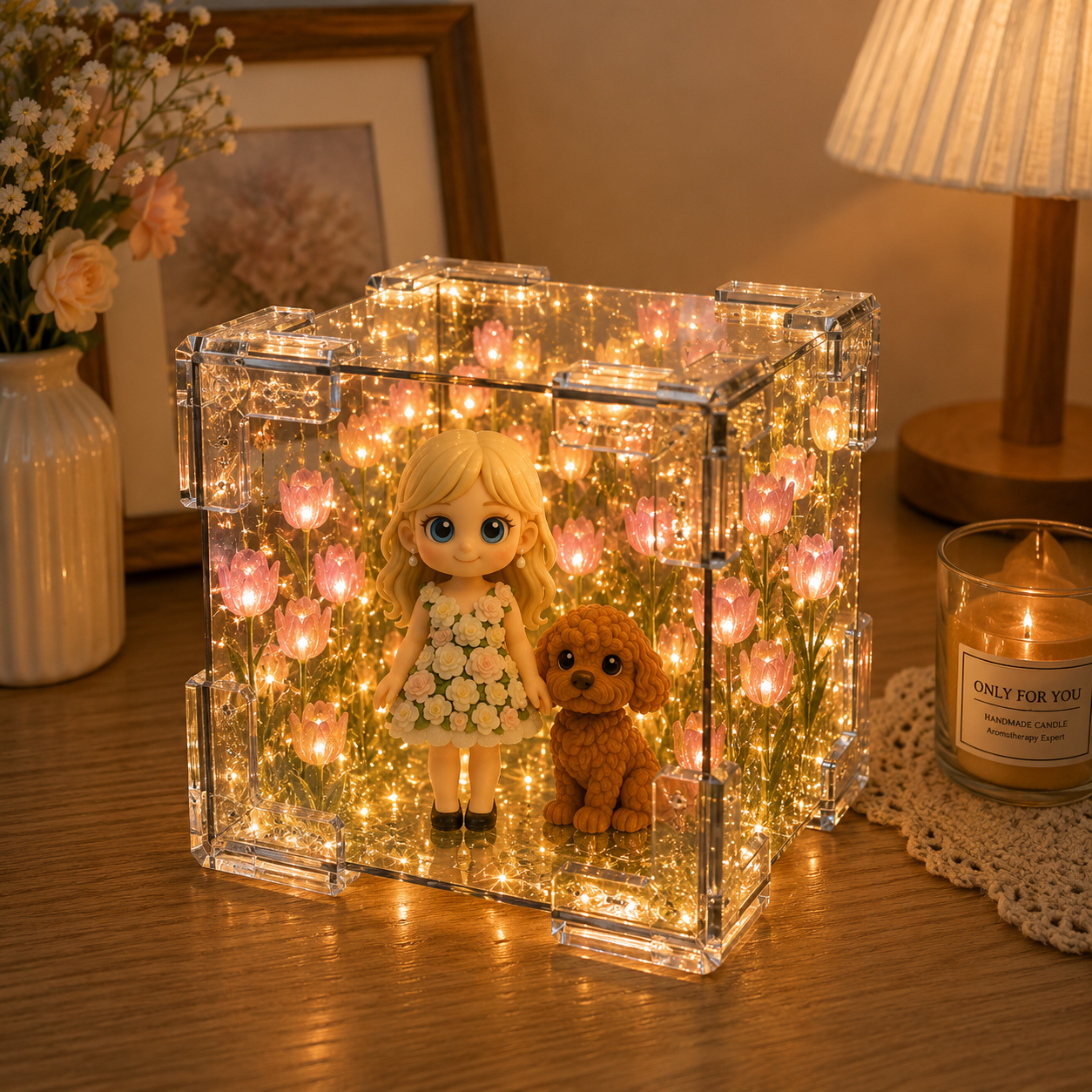 Custom 3D Figure Night Light From Photo with Tulip Flower Mirror Box Unique Handcraft Creative Gift for Couple, Friend & Lover