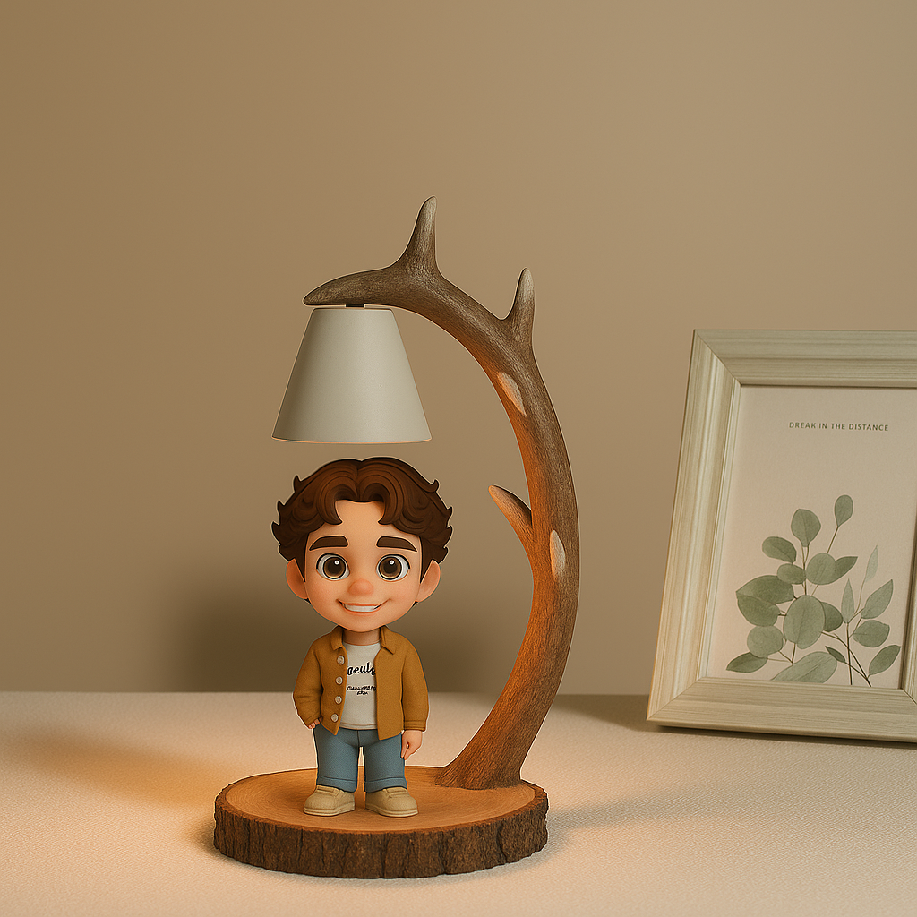 Custom 3D Figure Table Lamp With Wooden Antler Design Personalized Gift Night Light