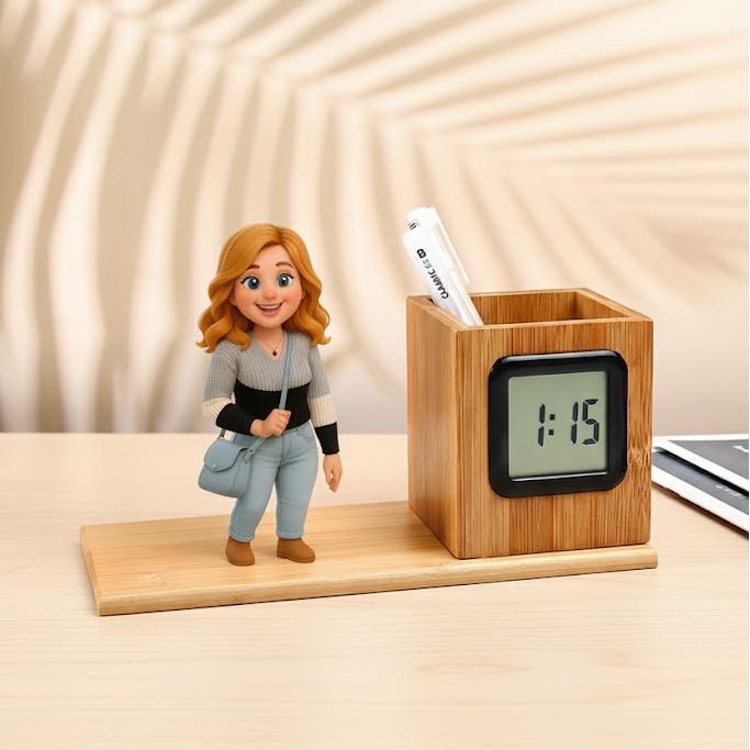 Custom 3D Mini Figure Wooden Pen Holder Clock Personalized Desk Organizer with LED Time Display Unique Gift for Birthday