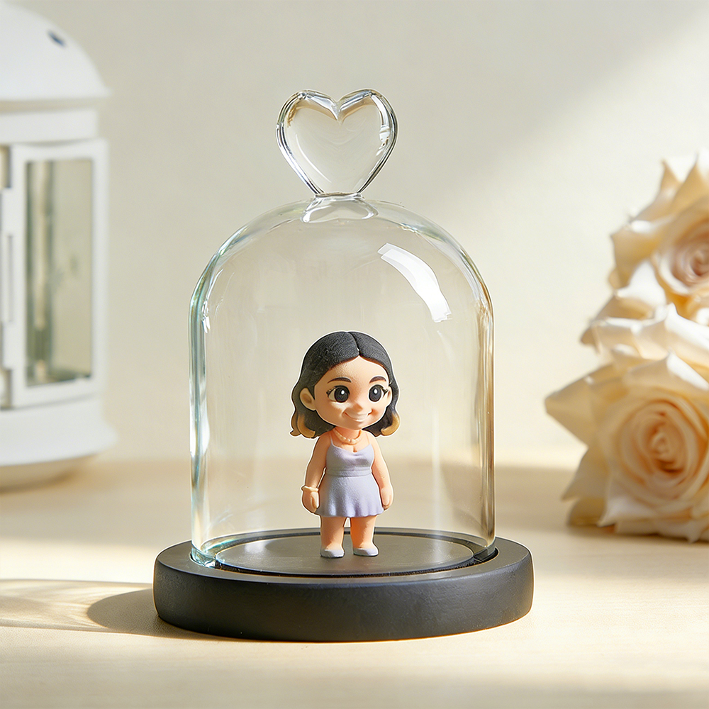 Custom 3D Figurine Couple From Your Photo with Heart Glass Dome Personalized Romantic Keepsake Gift for Anniversary Wedding Valentine